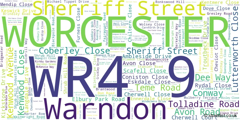 A word cloud for the WR4 9 postcode